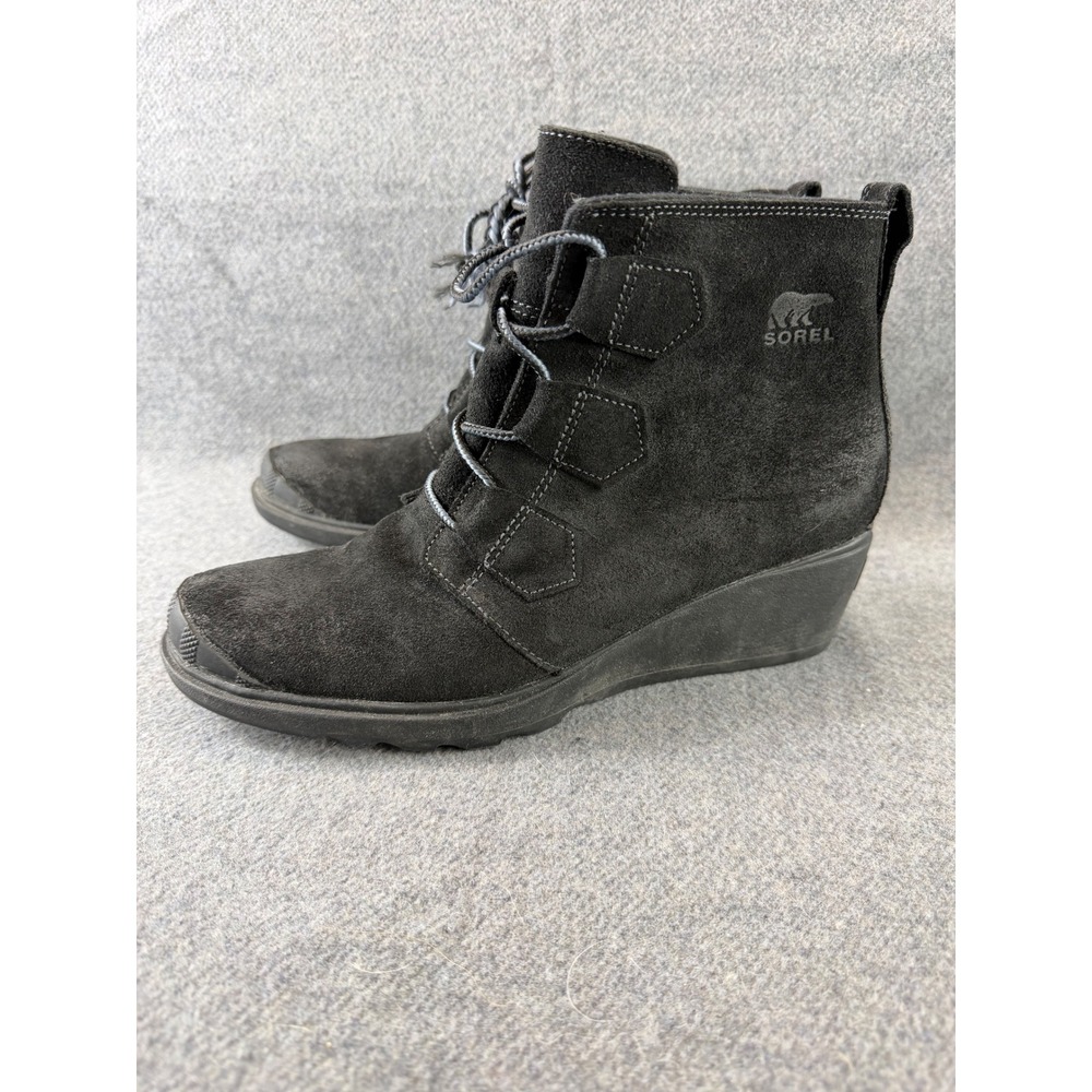 Sorel Evie Lace Wedge Boots Women 8 Black Waterproof Suede‎ Ankle Booties